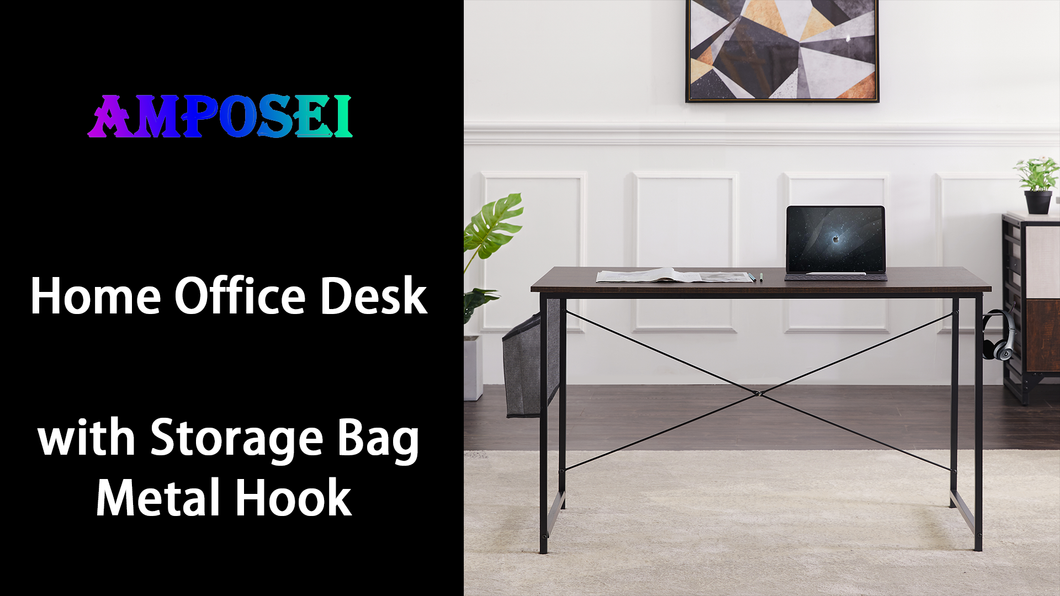 47" Home office desk table with storage bag metal hook hanger